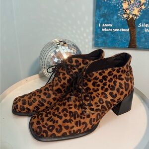 Franco Sarto cow hair leopard print lace up booties size 9